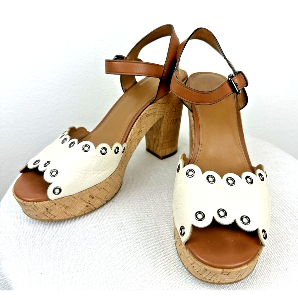 COACH Women's 9.5B April Chalk White Platform Cork Heel Grommet Sandals